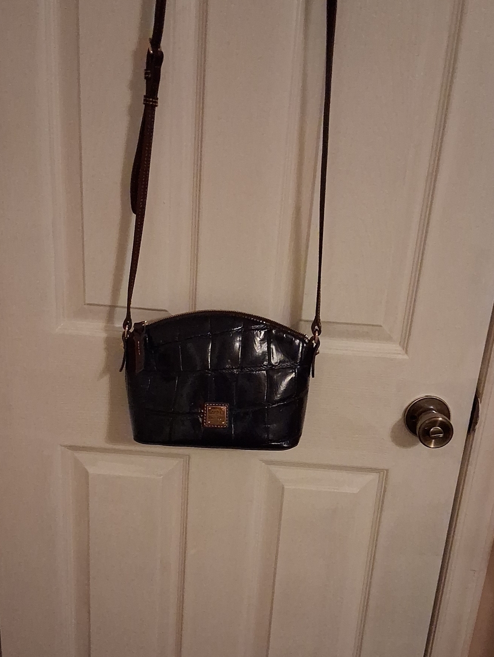 Dooney & Bourke NAVY BLUE Croc-Embossed Leather Crossbody with Brown Strap